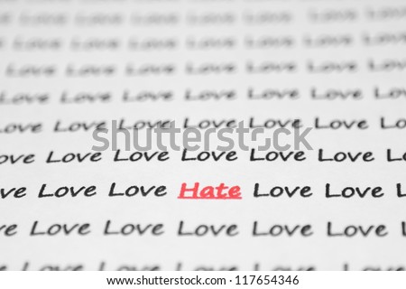 The word hate, love written closeup.