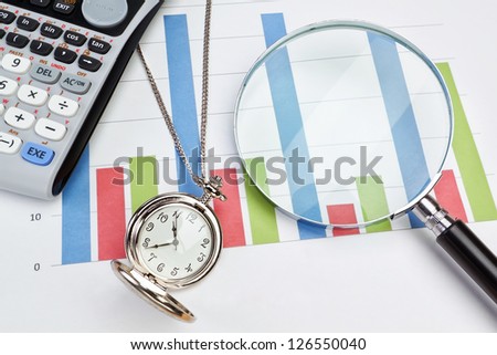 Graphic statistics businessman accessories to Watch, magnifying glass, a calculator.