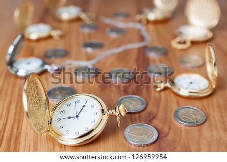 Group gold pocket watch against the euro coins.