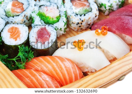 Group of luxury foods, sushi close up.