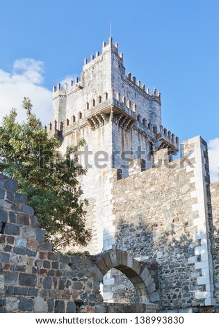 Ancient castle tower in the history of the villa of Beja in Portugal. Summer.