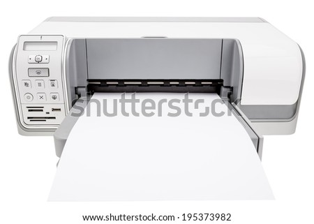 Office printer and blank paper for notes. On a white background.