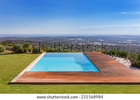 Luxury pool on a background of beautiful scenery. Sea View.