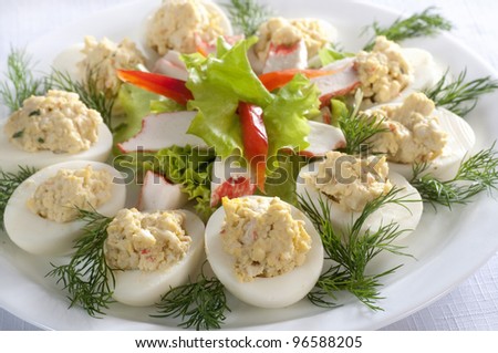 Eggs stuffed with crab sticks