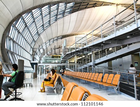BANGKOK,THAILAND-AUGUST 24: Futuristic interior of Suvarnabhumi airport on August 24, 2012 in Bangkok,Thailand. Airport is 18th busiest in the world (by passenger traffic), was opened on Sept. 28, 2006