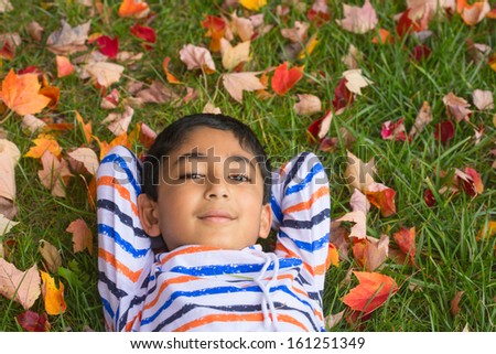 Smiling Toddler Lying on a Bed of Colorful Autumn Leaves