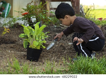 Toddler Digging Earth to Help Plant a Shrub