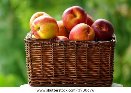 Small hamper of fruit with red peaches.