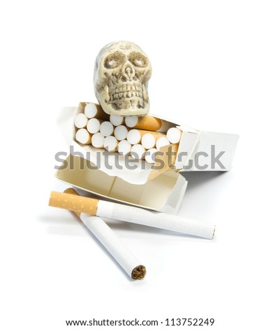 Smoking kills concept with skull sitting on an open box of cigarettes