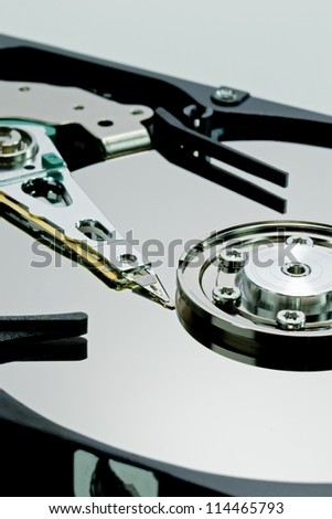 Close up of an open computer hard disc drive