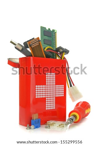 Computer repair concept with components and tools in first aid box on a white background