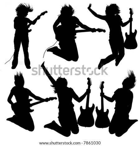 Collection Of 6 Silhouettes Of A Girl Playing An Electrical Guitar ...