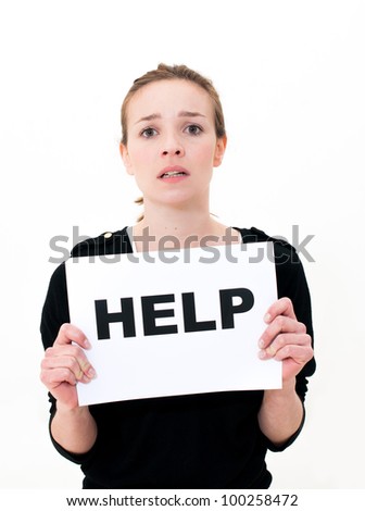NEED HELP? portrait young woman with board HELP