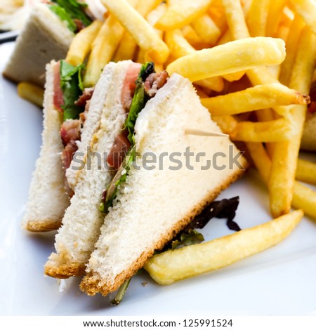 Sandwich with chicken, cheese and golden French fries potatoes