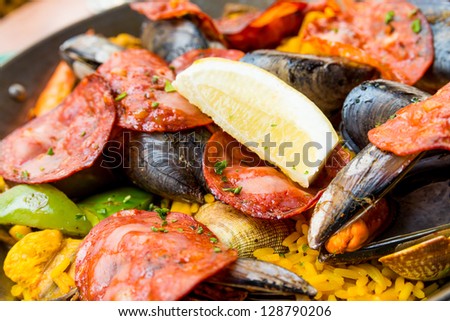 Prawn with rice - closeup of prawn with rice - traditionnal spanish food paella