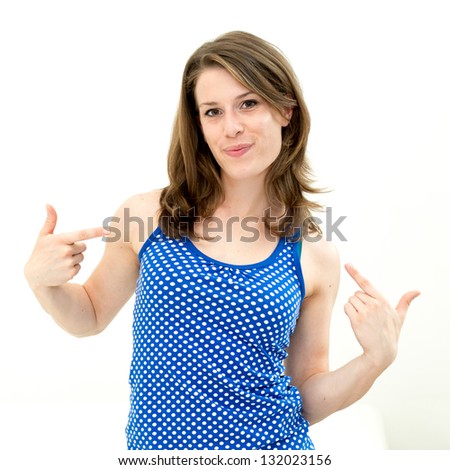 woman showing a finger at himself, isolated on a white background