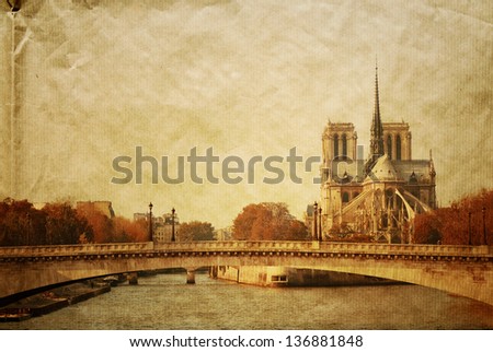 retro style Notre Dame Cathedral in paris france (French for Our Lady of Paris)