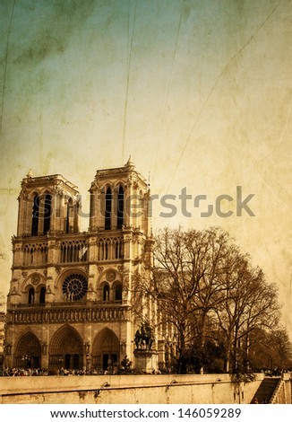 Retro Notre Dame Cathedral in Paris France (French for Our Lady of Paris)