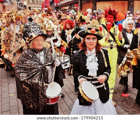 Cologne,North Rhine-March 3 : Carnival musicians.more than one million spectators on the streets.Carnival parade on March 3, 2014 in Cologne,Germany.