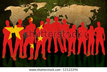 china - flag style of people silhouettes and world map background