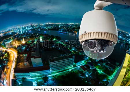 CCTV with Blur City in background fish eye perspective
