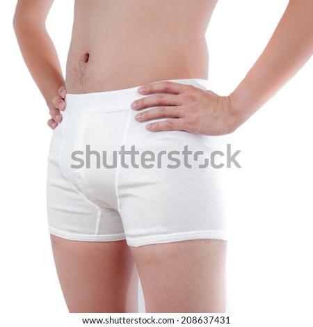 close up of man on white boxer underwear isolate on white background