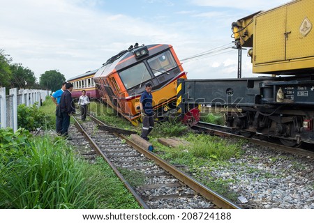 BANGKOK THAILAND - JULY 31, 2014: train accident fell of track near Bang Sue station