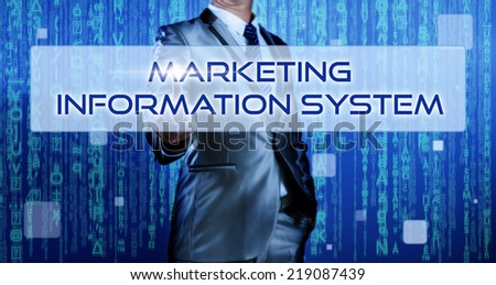 Business man with digital background pressing on button marketing information system