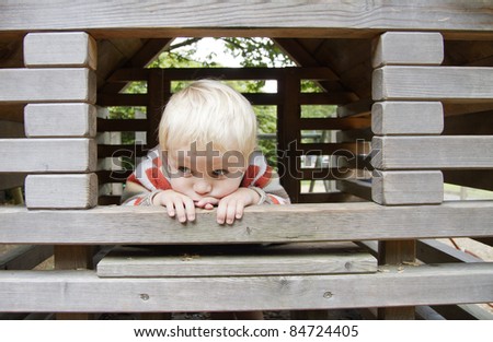 Cute blond boy playing in wooden climbing frame