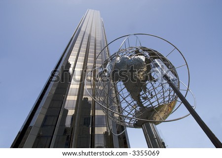 Skyscraper and globe near Broadway and Columbus Circle. Manhattan, New York