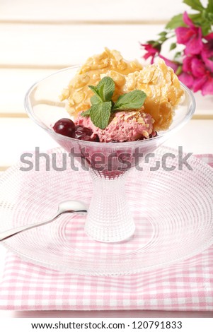Ice Cream and sweet sundae with cherry fruit and sugar