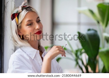 Similar – Image, Stock Photo Woman smoking in green forest