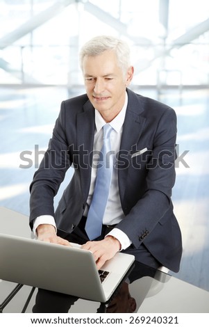 Portrait of business people sitting at office. Senior businessman sitting at desk in front of laptop an typing presentation.