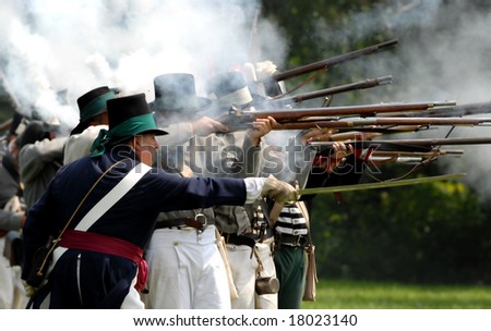 August 9/2008- Fort Erie, ON, Can.: American troops fire on the British during the 22nd Annual Siege of Fort Erie weekend, a War of 1812 reenactment.