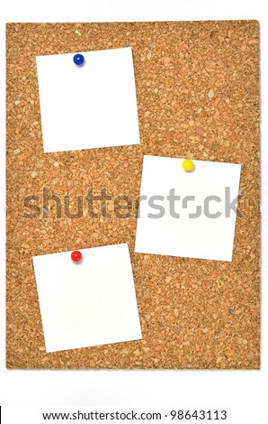 Cork board and blank notes. The blank notes of three sheets stuck on the corkboard.