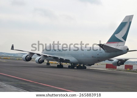 AMSTERDAM/SCHIPHOL, THE NETHERLANDS, 26 March 2015 - Airplane from Cathay Pacific Airways departing on Amsterdam Airport Schiphol.