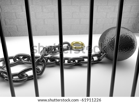 Digitally rendered scene with bars, ball and chain/Wedding Prison