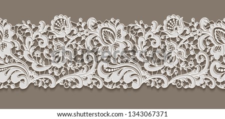 Vintage lace ribbon with floral ornament, white lacy border pattern on neutral background, elegant vector decoration for wedding invitation card design