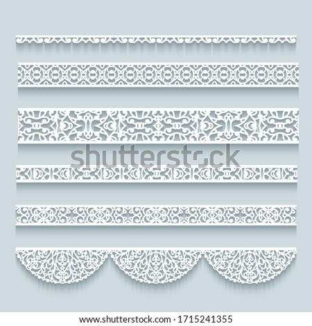 Set of seamless border patterns. Crochet lace ribbons. Elegant cutout paper lines on neutral background. Ornamental vector templates for laser cutting or wood carving.