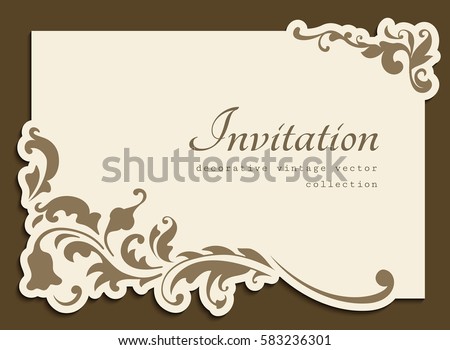 Vintage gold rectangle frame with floral corner decoration and cutout paper border, vector wedding invitation or name card template, eps10