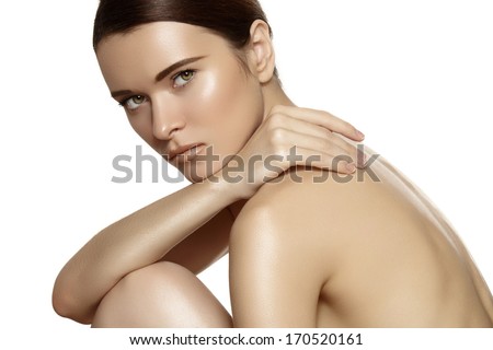 Make-up & cosmetics, manicure. Closeup portrait of beautiful woman model face with clean skin on white background. Natural skincare beauty, clean soft skin, manicure
