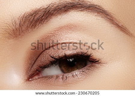 Macro shot of woman\'s beautiful eye with eyelashes. Sexy view, sensual look. Natural makeup