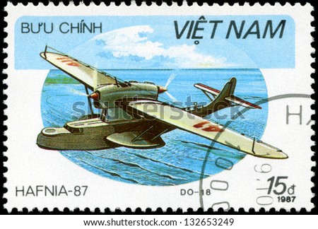 VIETNAM - CIRCA 1987: A stam printed in Vietnam shows amphibian DO-18, circa 1987