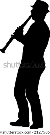 Silhouette of musician playing the clarinet on a white background.