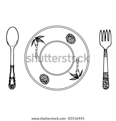 cartoon plate, fork and spoon