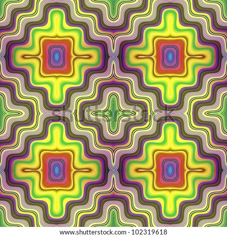 Optic illusion illustration with geometric pattern. Psychedelic disco design in full color range, seamless