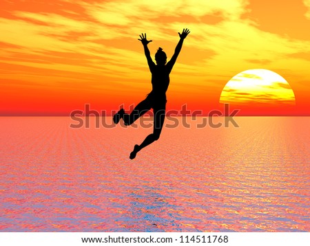 I believe I can fly; young woman jumps into the ocean, a symbol for courage, self confidence and success: I can make it!