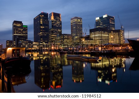 an evening view of the sky scrapers around London\'s docklands area of Canary Wharf