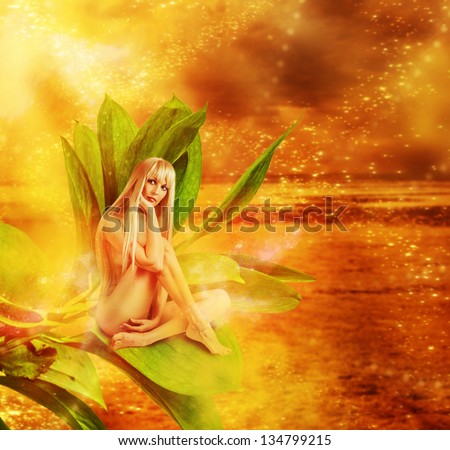 Beautiful sexy woman pixie sitting on a green leeves in fantasy magic world