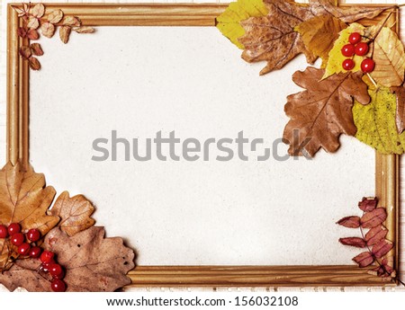 Autumn wooden frame with yellow leaves and berries